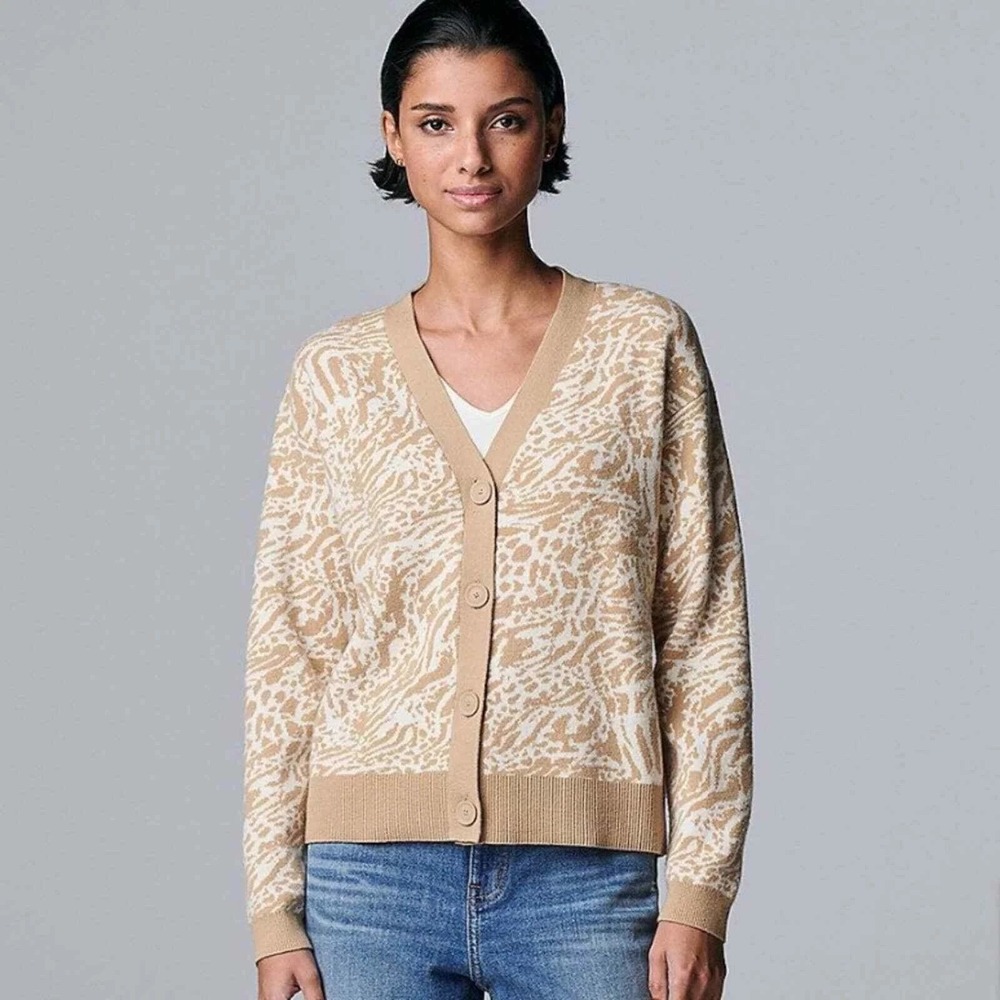 Simply Vera Cheetah Print Khaki/White Cardigan Sweater Women's Sz M